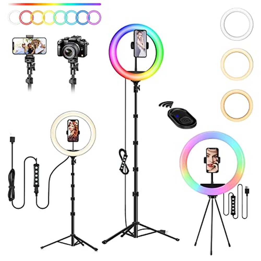 Kruhové světlo se stativem mobilní telefon, 10palcové kruhové světlo 3 denní světlo + 47 režimů RGB Selfie Led Ring Light se sta